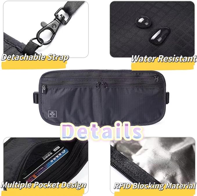 Travel Passport Holder 【1 PACK】2 in 1 Slim RFID Blocking Travel Money Belt for Men & Women, Hidden Neck Wallet for Credit Cards, Documents & Cash, Fanny Pack, MA-MO (Black)