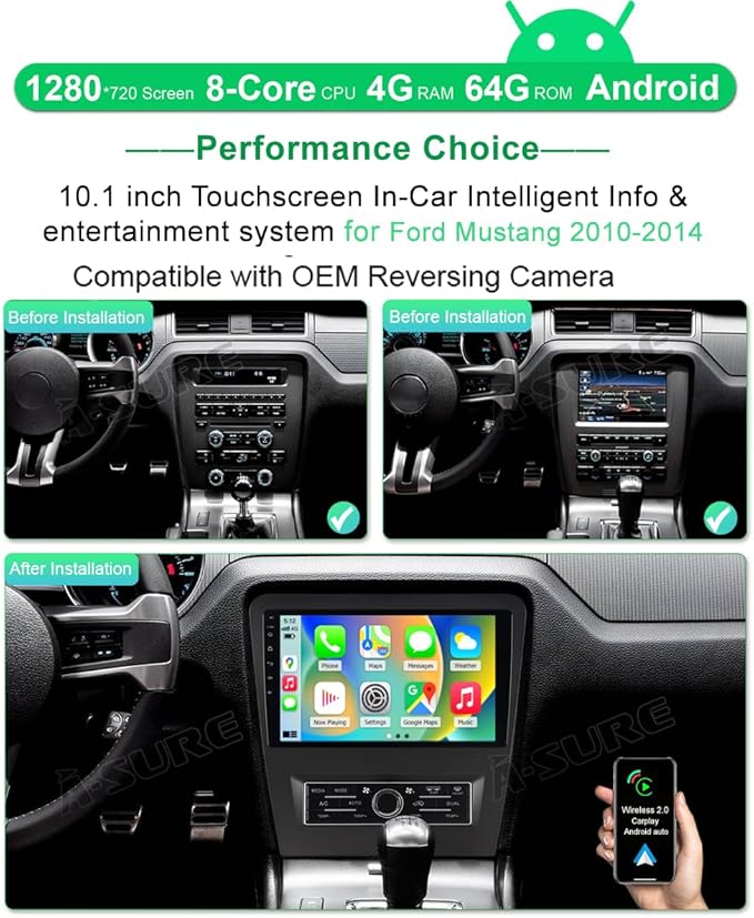 ASURE Car Stereo Radio Upgrade for Mustang 2010-2014,10.1 inch 8Core 4G+64G Android System GPS Navigation Head Unit with Wireless Carplay,Android Auto,1280x720 HD Touchscreen Multimedia Player
