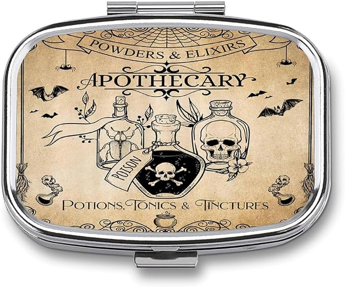 Metal 2 Compartment Pill Organizer Travel Friendly Portable Compact Pill Box Cute Pill Case to Hold Vitamins,Fish Oil,Supplements,Meds,Tablet for Purse,Pocket. (Bottles and Skeletons)