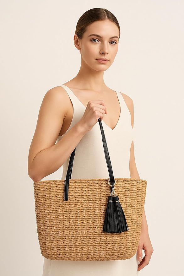YXILEE Straw Bags For Women | M Size Travel Straw Totes Bag Woven Summer Handmade Shoulder Bag Handbag