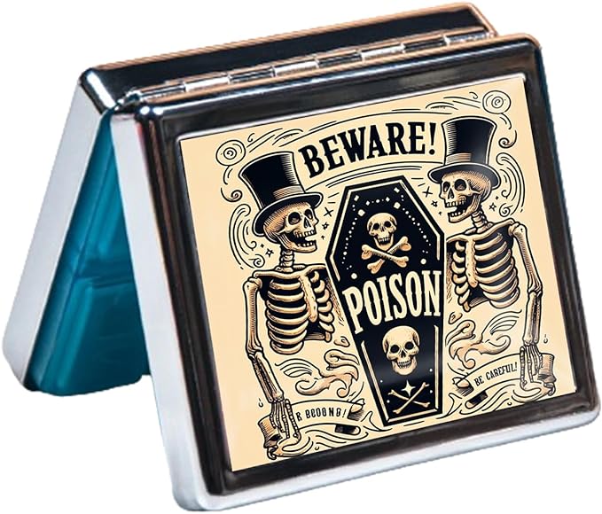 Cute and Portable Metal Pill Organizer – 8 Compartments, Elegant Chrome Finish, Ideal for Travel and Daily Use (Beware Poison Coffin)