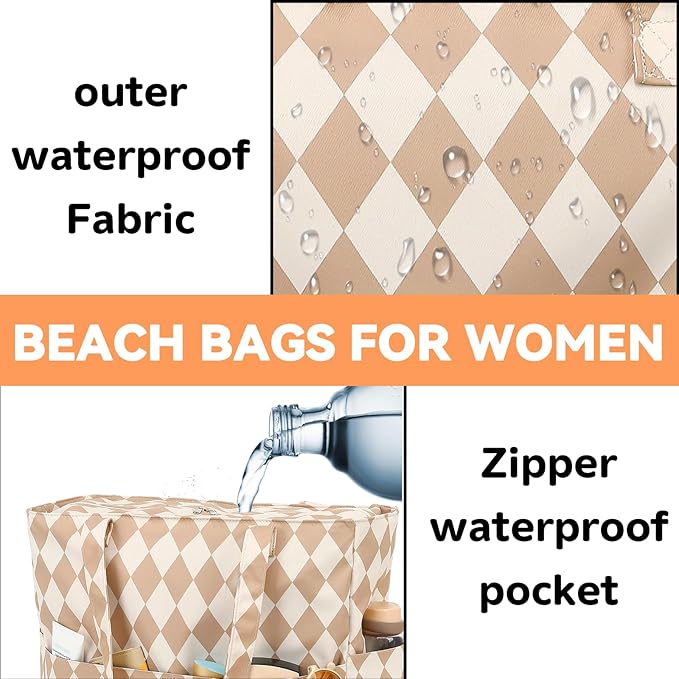 LEDAOU Large Beach Tote Bag Women Waterproof Sandproof Zipper Beach Tote Bag for Pool Gym Grocery Travel with Wet Pocket