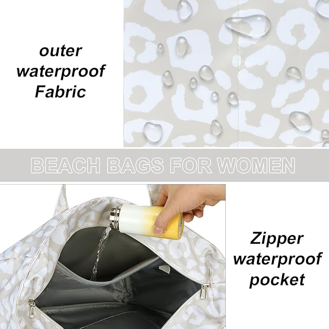 LEDAOU Large Beach Tote Bag Women Waterproof Sandproof Zipper Beach Tote Bag for Pool Gym Grocery Travel with Wet Pocket