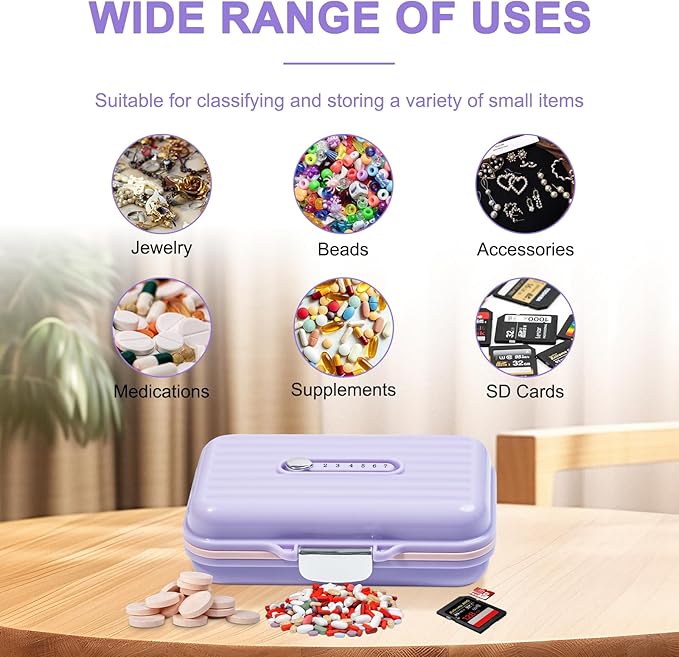 Travel Pill Organizer Box with Medicine Labels, 7 Compartments Portable Pill Case, Daily Medication Organizer Storage Pill Container for Pocket Pharmacy(Purple, L)