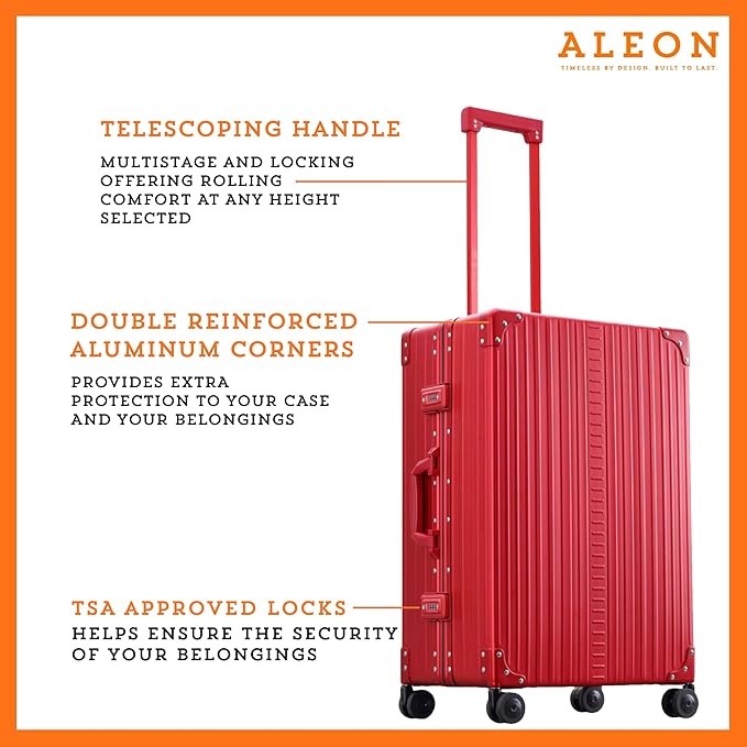 Aleon All Aluminum Lightweight 26" Carry-On Luggage - Hardside Carry-On Suitcase, TSA Approved, Hard Shell Suitcase for Travel, Airline Approved Hard Spinner Wheels Luggage (Ruby)