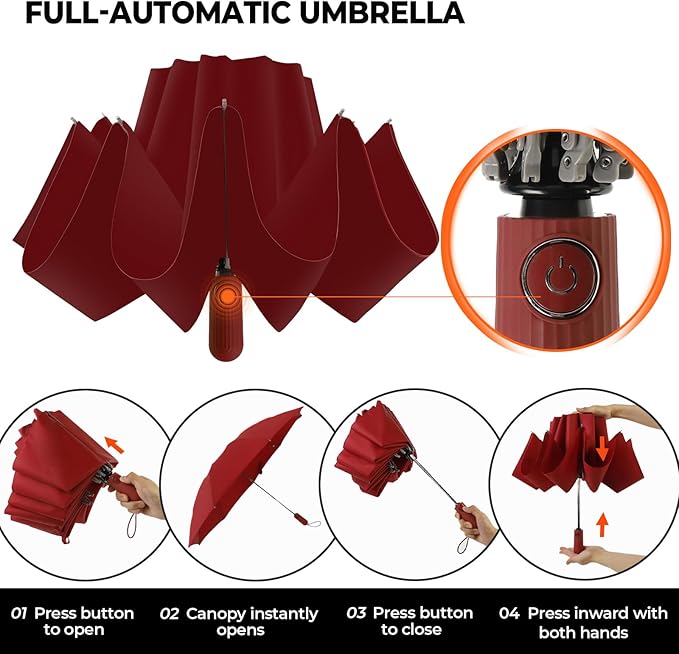 Compact Inverted Travel Umbrella, Automatic Open Close, 9-Rib 46 Inch Windproof Umbrella, Waterproof UPF 50+, Portable Umbrellas for Men, Women, Travel, and Daily Use