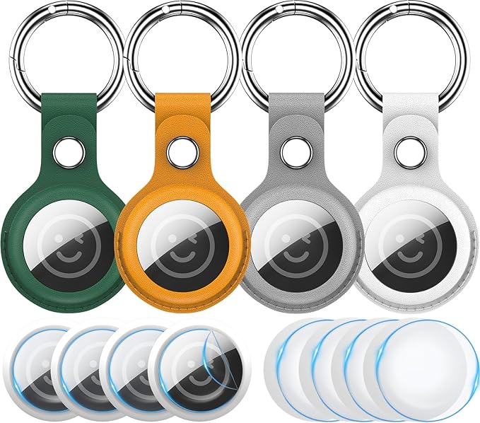 RFUNGUANGO Airtags Holder Keychain Keyring, 4 Pack Leather Case Cover for Women Men Kids with Apple Air Tag GPS Tracker Item Finders-Green,Yellow,Grey,White