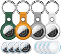 RFUNGUANGO Airtags Holder Keychain Keyring, 4 Pack Leather Case Cover for Women Men Kids with Apple Air Tag GPS Tracker Item Finders-Green,Yellow,Grey,White