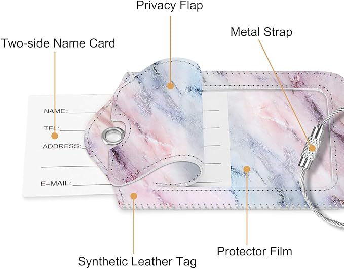 Fintie Luggage Tags, Privacy Cover ID Label with Stainless Steel Loop and Address Card for Travel Bag Suitcase - Marble Pink (2 Piece)