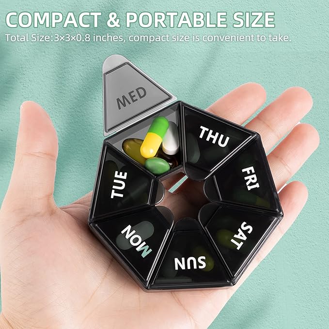 Gelibo,Weekly Pill Organizer, 2 Pack Portable Travel Pill Box Dispenser Medicine case 6 Colors (Seven Day) New Edition for Vitamin/Fish Oil/Pills/Supplements-Arthritis Friendly (Black)