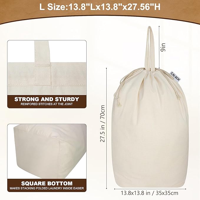 Canvas Laundry Bags with Handles & Square Base 13.8"x 13.8", Large Heavy Duty Laundry Basket Hamper Liner, College Dorm Washable Drawstring Cotton Dirty Clothes Bag (Natural,1 Pack)