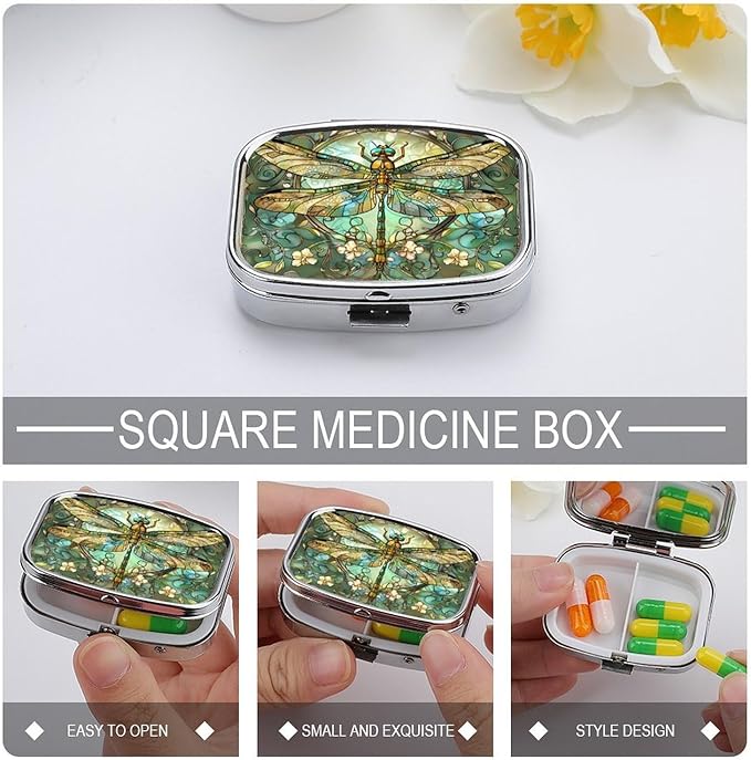 Metal 2 Compartment Pill Organizer Travel Friendly Portable Compact Pill Box Cute Pill Case to Hold Vitamins,Fish Oil,Supplements,Meds,Tablet for Purse,Pocket. (Dragonfly)
