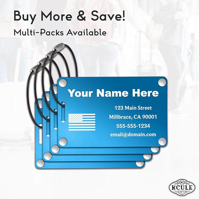 Personalized Luggage Tags: Custom Metal Luggage Tags for Suitcases, Backpacks and Bags with Your Personalized Text (Blue)