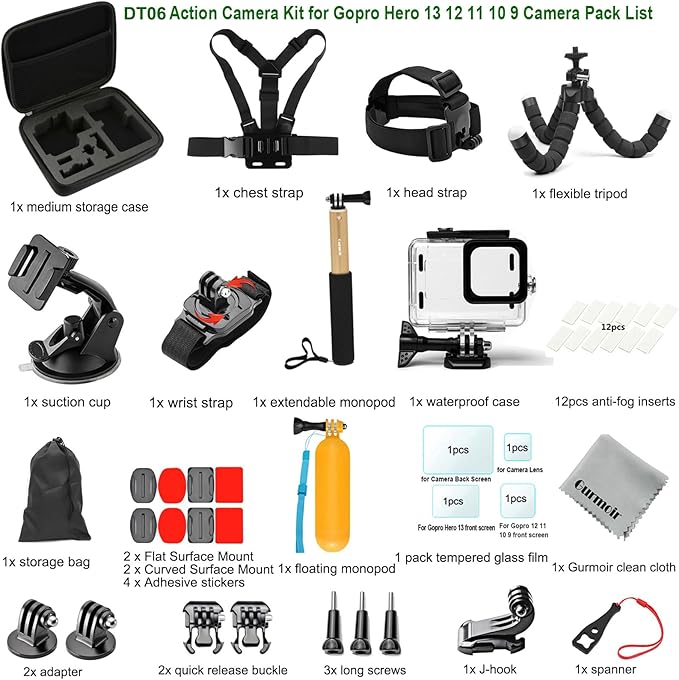 Gurmoir Accessory Pack for Go Pro 13 12 11 10 9 Hero, Full Essential Accessories Kit with Waterproof Protective Housing Case for GoPro Hero 13 12 11 10 9 Black(DT06)