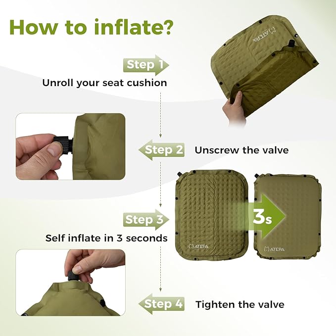 ATEPA Inflatable Stadium Seat Cushion, Self-Inflating Memory Foam Stadium Seats Bleacher Seat Chair Cushion Pad for Airplane Travel Backpacking Sports Events