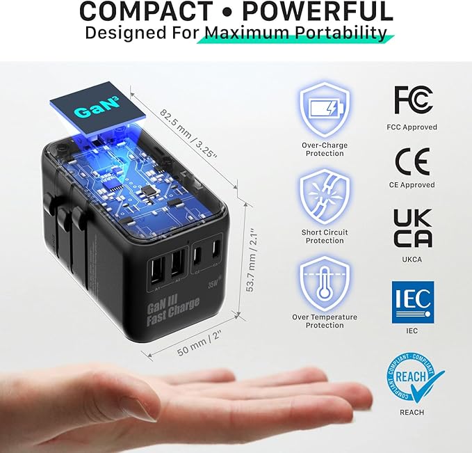 Fosmon Universal Travel Adapter Worldwide with Built-in USB C Cable, 35W GaN III/PD Fast Charging International Travel Plug Adapter, 6 in 1 Power Charger Outlet with 4 USB Ports for US to EU UK AUS