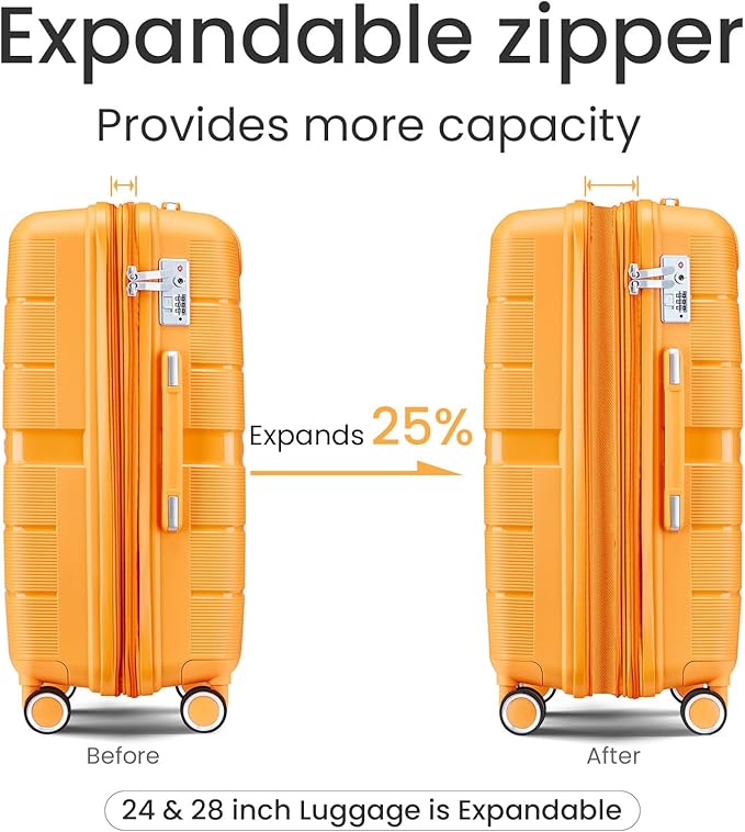Campfun Luggage 4 Piece Sets, Expandable Carry On Luggage Set Hardshell PP, Suitcase Set with Double Spinner Wheels, Checked Durable Lightweight with TSA Lock, 14/20/24/28in, Orange(A)