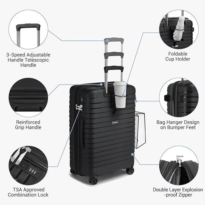 Kono 20 Inch Expandable Carry On Luggage with Spinner Wheels, Durable Hardside Luggage with Hidden Cup Holder, Lightweight Hard Shell Carry On Suitcase Airline Approved with TSA Lock(Black)