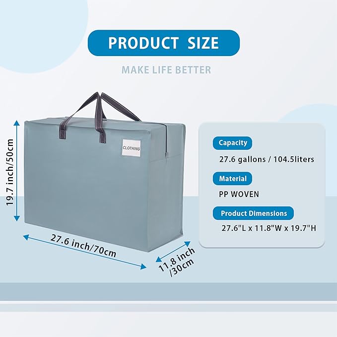 VENO 4 Pack Heavy Duty Moving Bags, Storage Bags, Packing Supplies, Top Zipper, Storage Totes for Camping, Clothes, Bedding, Comforters, Pillows (27 Gallon Light Blue, 4 Pack)