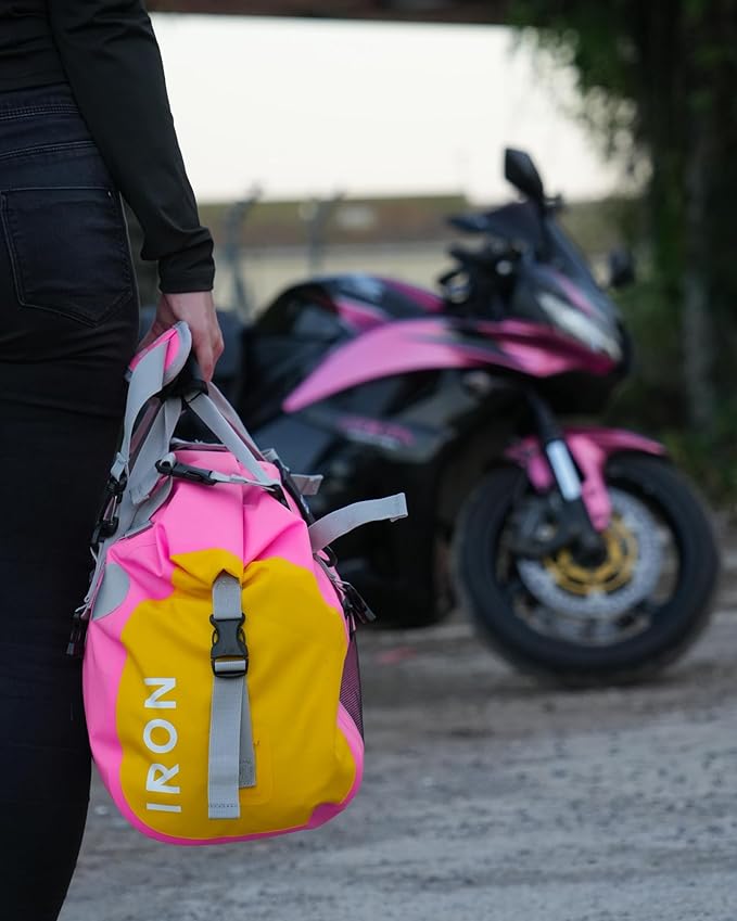 IRON JIA'S Motorcycle Dry Bag - Waterproof Duffle & Luggage Tail Bag Saddle Bags with Roll Top Closure, Shoulder Straps, Inner Pocket and Mesh Pocket (Pink, 30L)