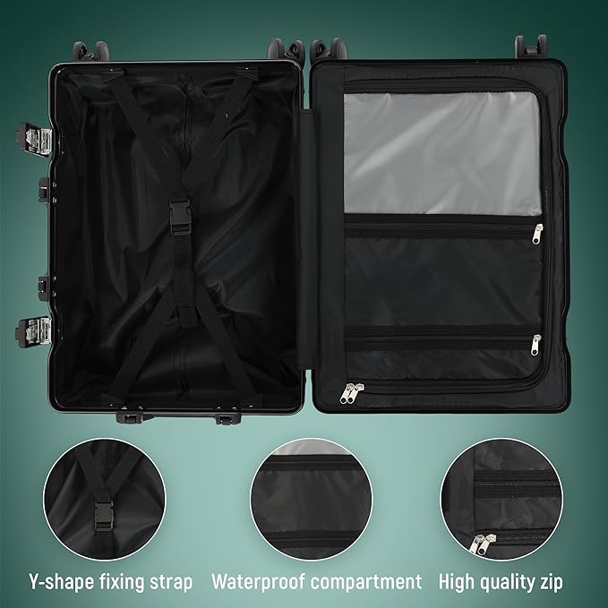 UrbanExplorer 20 Inch Carry On Luggage Aluminum Frame Airline Approved, Zipperless Luggage Carry On TSA Approved ABS+PC Hard Shell Suitcases, Lightweight Carry-On Suitcase with Cup Holder, Black