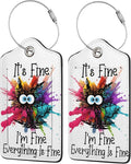 2 Pack Luggage Tags for suitcases Funny Cute I'm Fine It's Fine Luggage Tag, Leather Stainless Steel Loop Label Tag for Men Women Travel Bag Suitcase(White Fine)