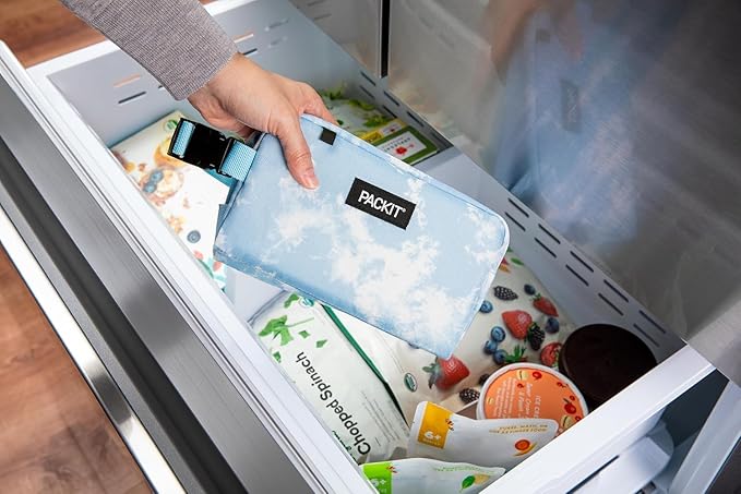 PackIt® Freezable Snack Box, Blue Sky, Built with ECOFREEZE® Technology, Collapsible, Reusable, Zip Closure with Buckle Handle, Designed For Work Snacks, Fresh Snacks On the Go, Adults, and All Ages