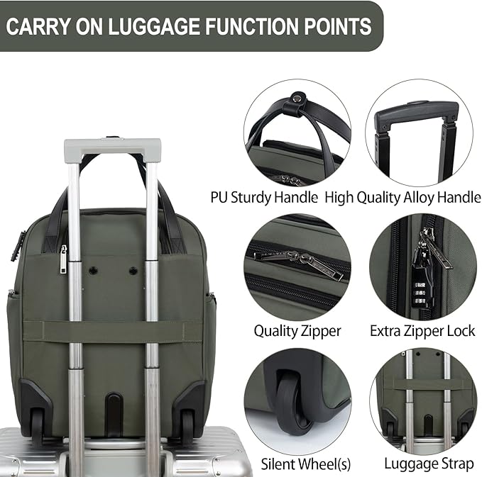 EMPSIGN Underseat Carry On Wheeled - 16" Carry on Bag with Wheels Multi-functional Lightweight Rolling Bag Overnight Weekender Small Suitcase for Women Men Travel Business, Army Green
