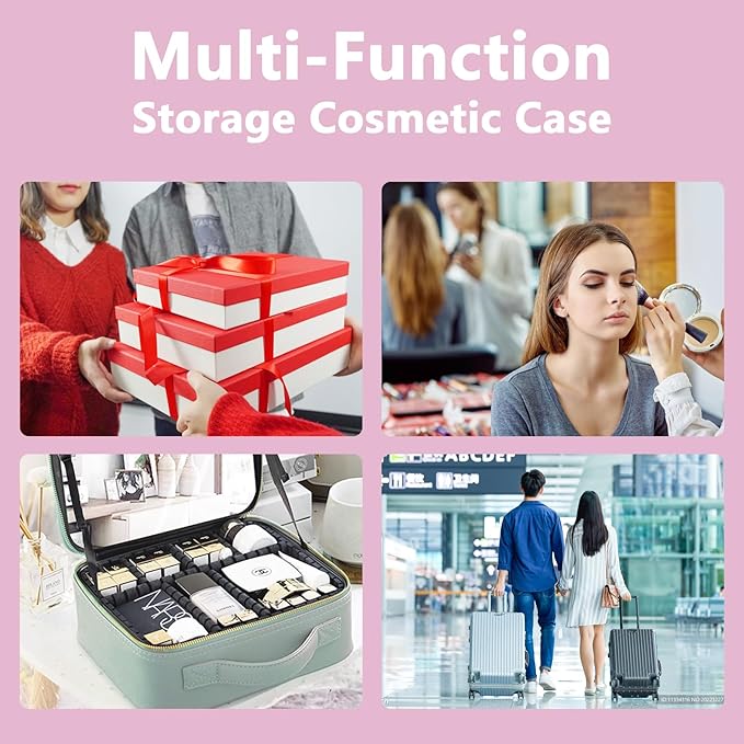 Travel Makeup Bag,with Mirror 3 Color Setting and Detachable 10x Magnifying Mirror Travel Makeup Bag,Portable Storage and Adjustable Dividers（Light Pink）