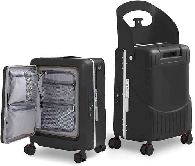 TABU 20" Ride-on Luggage with Seat，Front Opening Carry-On Hardshell Ride On Suitcase with Built-in Charging Port, 360° Lockable Spinner and TSA Lock, for Kids & Adults, Black