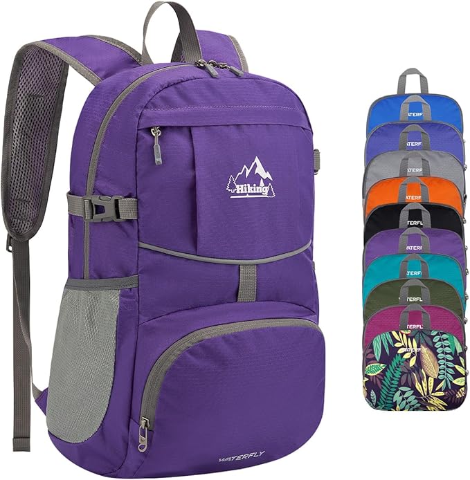 WATERFLY Hiking Foldable Daypack Backpack: 25L Ultra Lightweight Packable Waterproof Outdoor Travel Day Pack for Woman Man