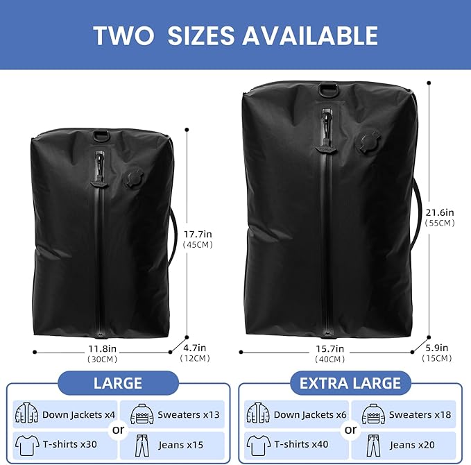 BAGAIL TPU Vacuum Bag for Travel, Reusable Compression Bag with IPX8 Waterproof Zipper, Save Space for Suitcase, Backpack and Carry on (Black, Large, No Pump)