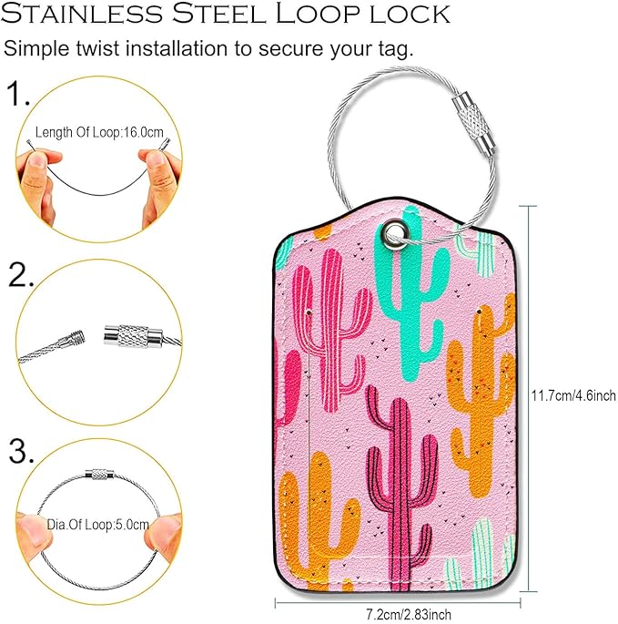 Luggage Tags for Suitcases-Leather Luggage Tag 4 Pack with Loops Cute Bag/Backpack/Suitcase Tags Pink Travel Accessories for Airport