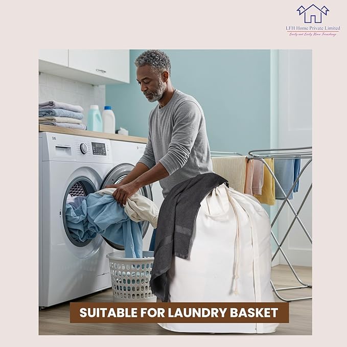 LFH Home Cotton Canvas Large Laundry Bag with Handle, Heavy Duty Drawstring Closure Washable Laundry Bags, School Travel, Home, Hotel, College Dorm, Organizer Sack, Toy Clothes 28x36 (Pack of 2)-White