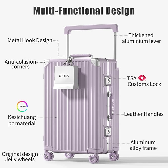 Aluminium Frame Checked-Luggage with Smooth Jelly Wheels, Hardside Zipperless Rolling Suitcase with TSA Lock (Purple, 24-Inch)