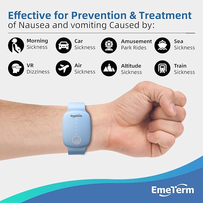 EmeTerm Fashion FDA-Cleared Relieve Nausea Electrode Stimulator Morning Sickness Motion Travel Sickness Vomit Relief Rechargeable No Gel Drug Free Wrist Bands Without Side Effects