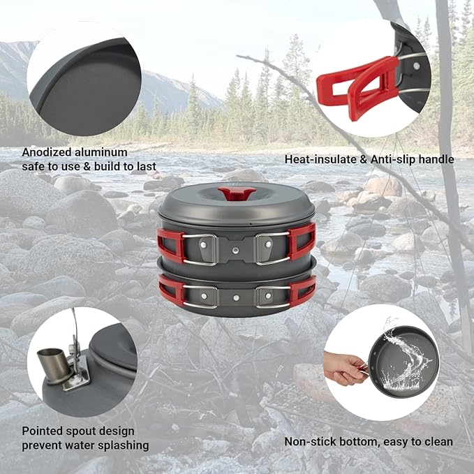 Bulin 24/13/11/8/4 PCS Camping Cookware Mess Kit Lightweight Backpacking Cooking Set Outdoor Cook Gear for Family Hiking, Picnic(Kettle, Pot, Frying Pan, Bowls, Plates, Spoon)