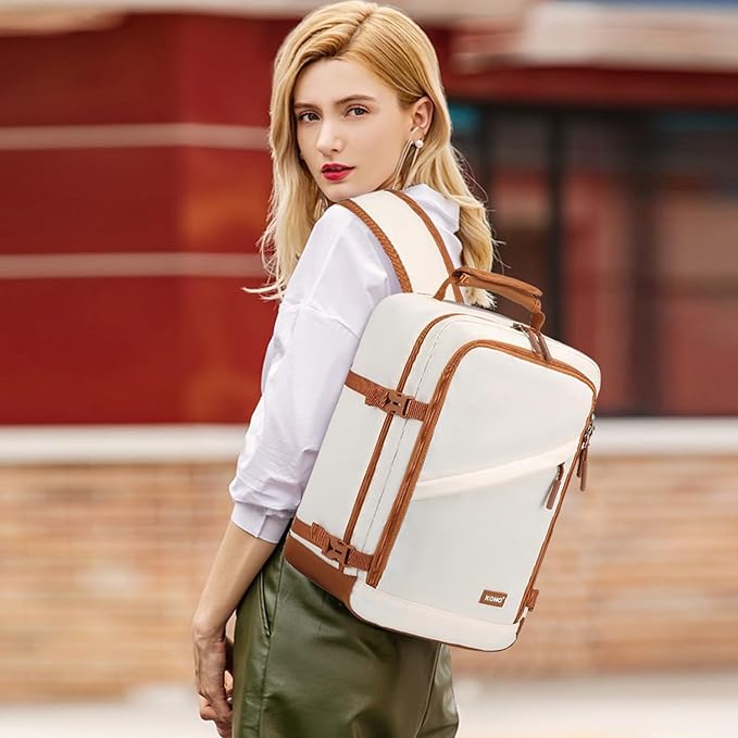 Kono Carry on Backpack, 16" Airplane Approved Under Seat Travel Backpack for Men and Women, Waterproof Lightweight Daypack for Flight 20L, White/Brown