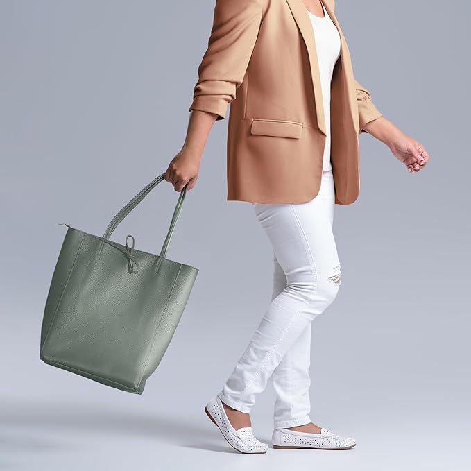 Italian Calf Leather Tote for Women with Zipper, Inner Pocket & Flat Base | Soft Unlined Shopper for Work & Travel