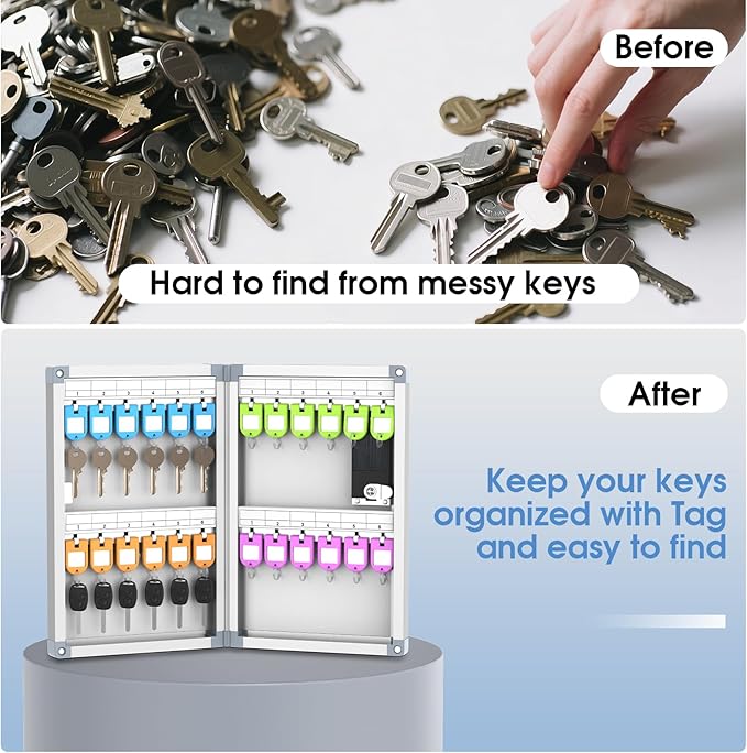 24 Slots Key Box Wall Mount with Code, Key Lock Box with Combination, Key Storage Box with Key Hooks & Tags & Lables, 8.45" x 2.55" x 13" (Silver-Code Lock, 24 Keys)