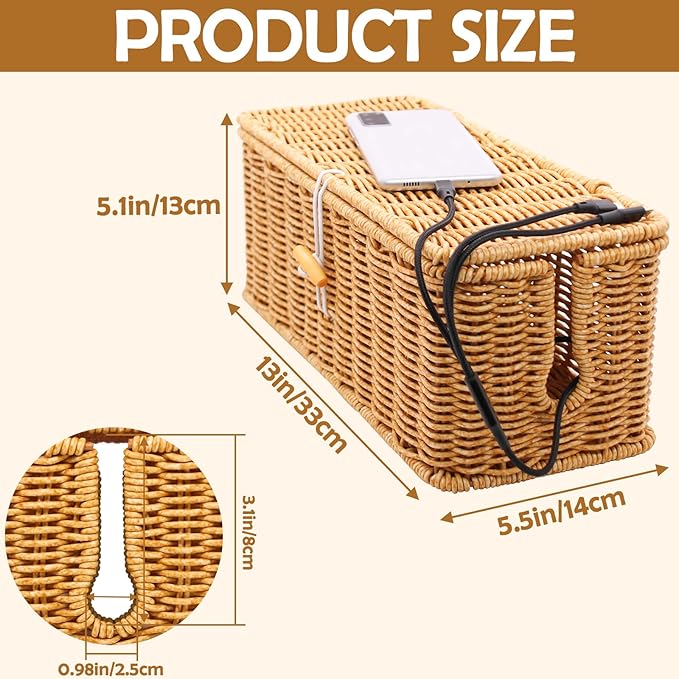 Cable Management Box, Handmade Imitation Rattan Cord Cable Organizer, Open Slots Cords Hider Box Under Desk Cord Organizer for Computer Router USB Hub & Power Strip