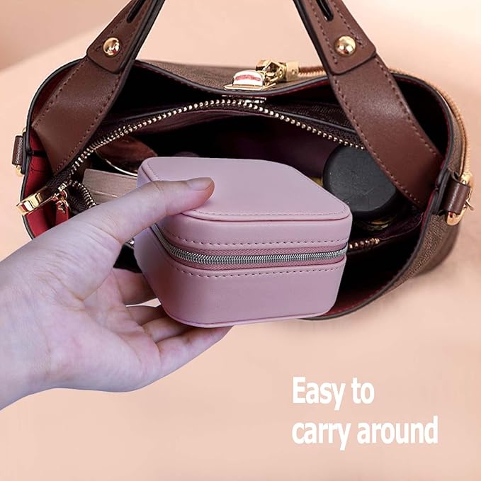 【2 Pack】 PU Leather Travel Small Portable Mini Travel Jewelry Organizer for Rings Necklaces Earrings and Lipstick Color Blue and Pink