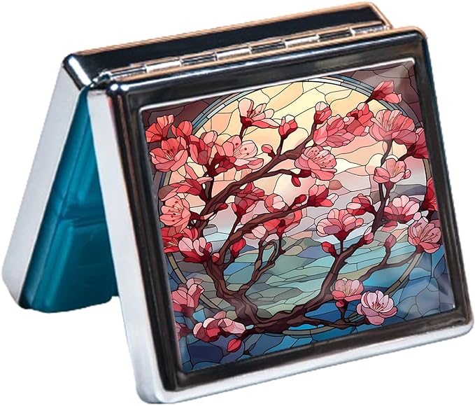 Silver Vintage Pill Box 7 Day Metal Pill Box with Mirror and 8 Compartments Cute Travel Pill Organizer for Purse (Stained Glass Cherry Blossom)