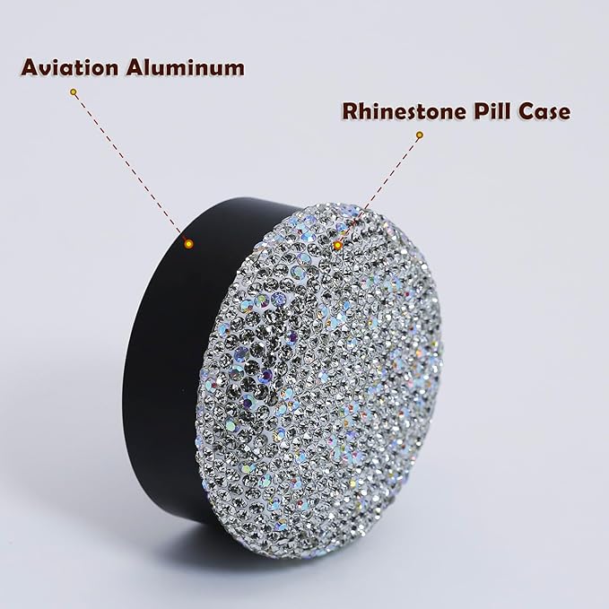 Small Pill Case 3 Compartments, Metal Round Portable Pill Box, Waterproof Travel Pill Organizer, Pocket Purse Medicine Vitamin Holder EDC Container (Black with Rhinestone)