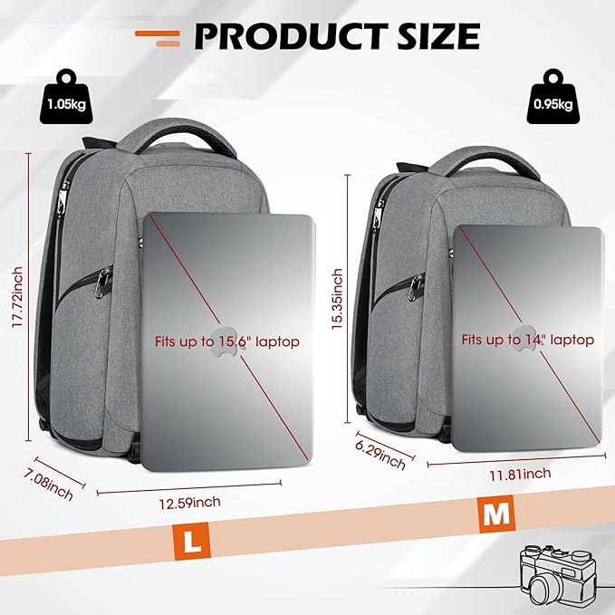 SDYSM Camera Bag Backpack Professional for DSLR SLR Mirrorless Camera Waterproof Laptop Back Pack 14 Inch with Rain Cover Anti Theft Travel Case Large Capacity Photography Backpack Grey
