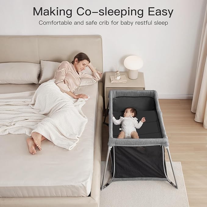 2 in 1 Portable Travel Crib for Toddler, Foldable Crib for Baby, Lightweight Playpen Collapsible Playard with Soft Mattress, Easy to Carry Baby Travel Bed for Outdoor, Indoor (Grey)