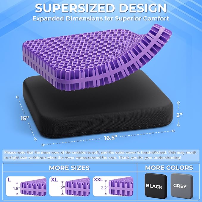 TushGuard Gel Seat Cushion for Long Sitting, Enlarged & Thickened Patent Design Office Chair Seat Cushion, Breathable Cooling Pads for Chairs, Soft Car Cushions for Wheelchair(X-Large, Black)