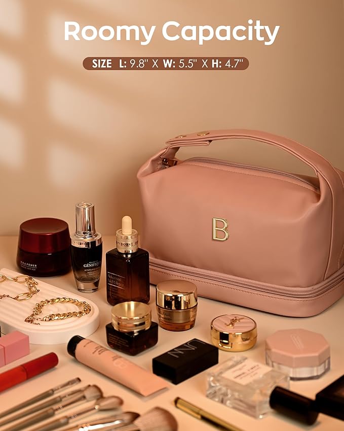 Initial Makeup Bag Personalized Bags with Handle, Friend Gifts for Women Cosmetic Bag, Mothers Birthday Gifts Leather Makeup Bags Letter Travel Toiletry Bag with Makeup Brush Organizer