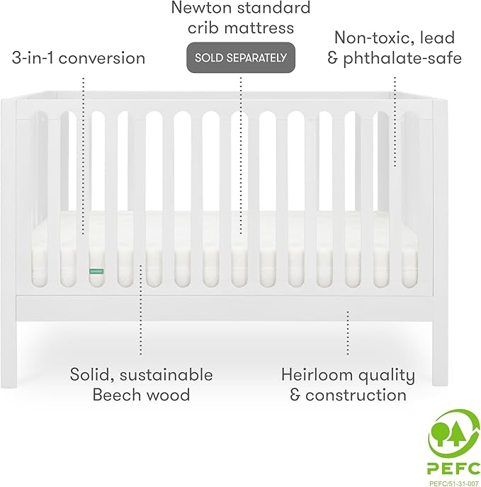 Newton Baby Galileo Standard Crib, Solid Beech Wood in White Color, 3-in-1 Convertible Crib with Toddler Bed Conversion Kit, Ultra-Safe Non-Toxic Finish