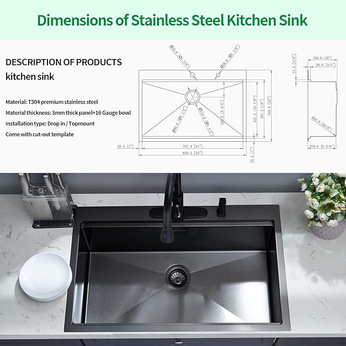 Kitchen Sink, 33 x 22 Drop in Kitchen Sink Gunmetal Black 16 Gauge Stainless Steel Kitchen Sinks Single Bowl Workstation Sink with Cutting Board